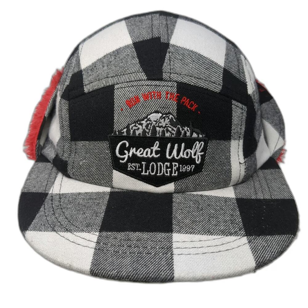 Great Wolf Lodge 5 Panel Black White Red One Size Buffalo Plaid Faux Fur Hat